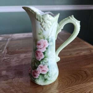 Vintage Hand Painted Porcelain Pitcher 8" Green and Pink Rose Signed Artist 1976